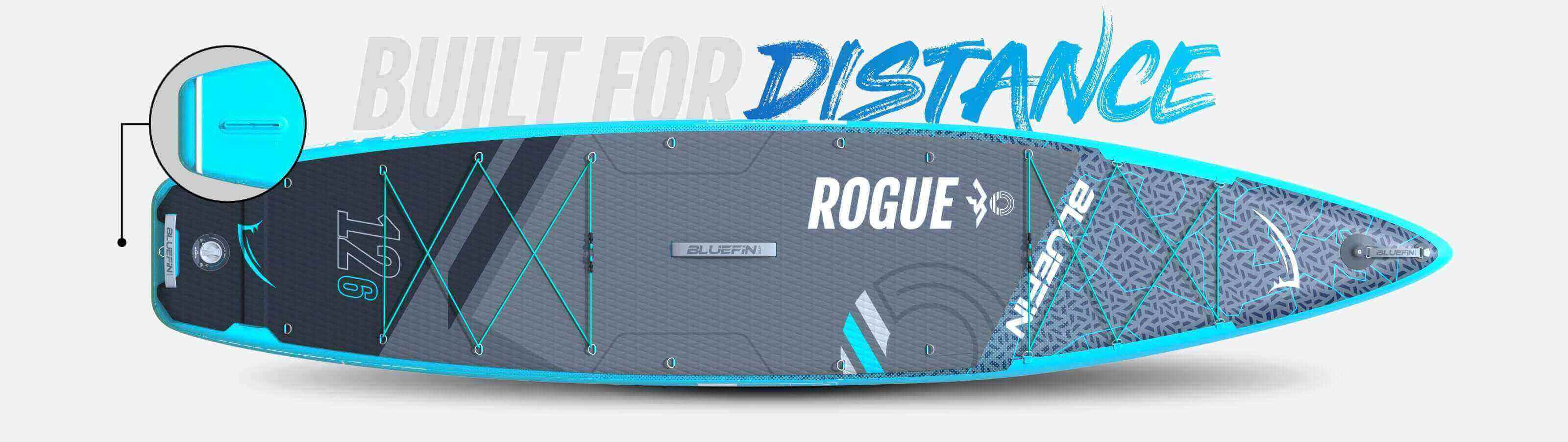Inflatable paddleboard with blue accents, textured deck, center fin, and bungee storage system.