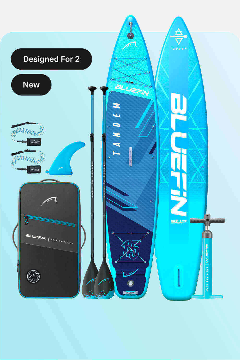 Inflatable tandem paddleboard in blue with two paddles, fin, pump, and carrying bag.