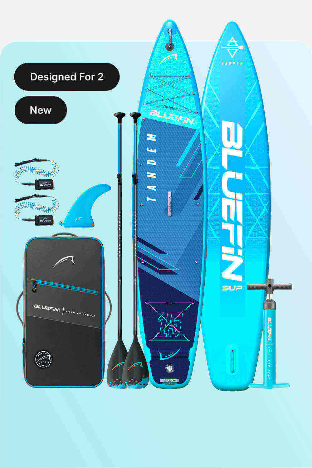 Inflatable tandem paddleboard in blue with two paddles, fin, pump, and carrying bag.