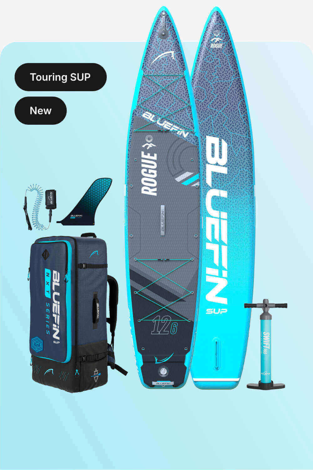 Inflatable touring paddleboard with blue and gray design, fin, pump, and carrying backpack.