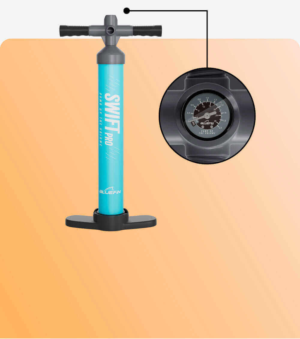 Bluefin SWIFT Pro hand pump in teal with pressure gauge and black base for inflating paddleboards