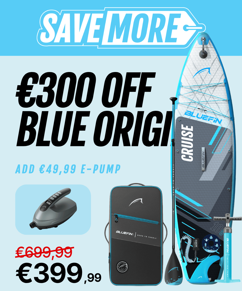 Banner promozionale del pacchetto Bluefin Cruise SUP: 300 € di sconto, con pompa elettrica, borsa, pagaia e accessori