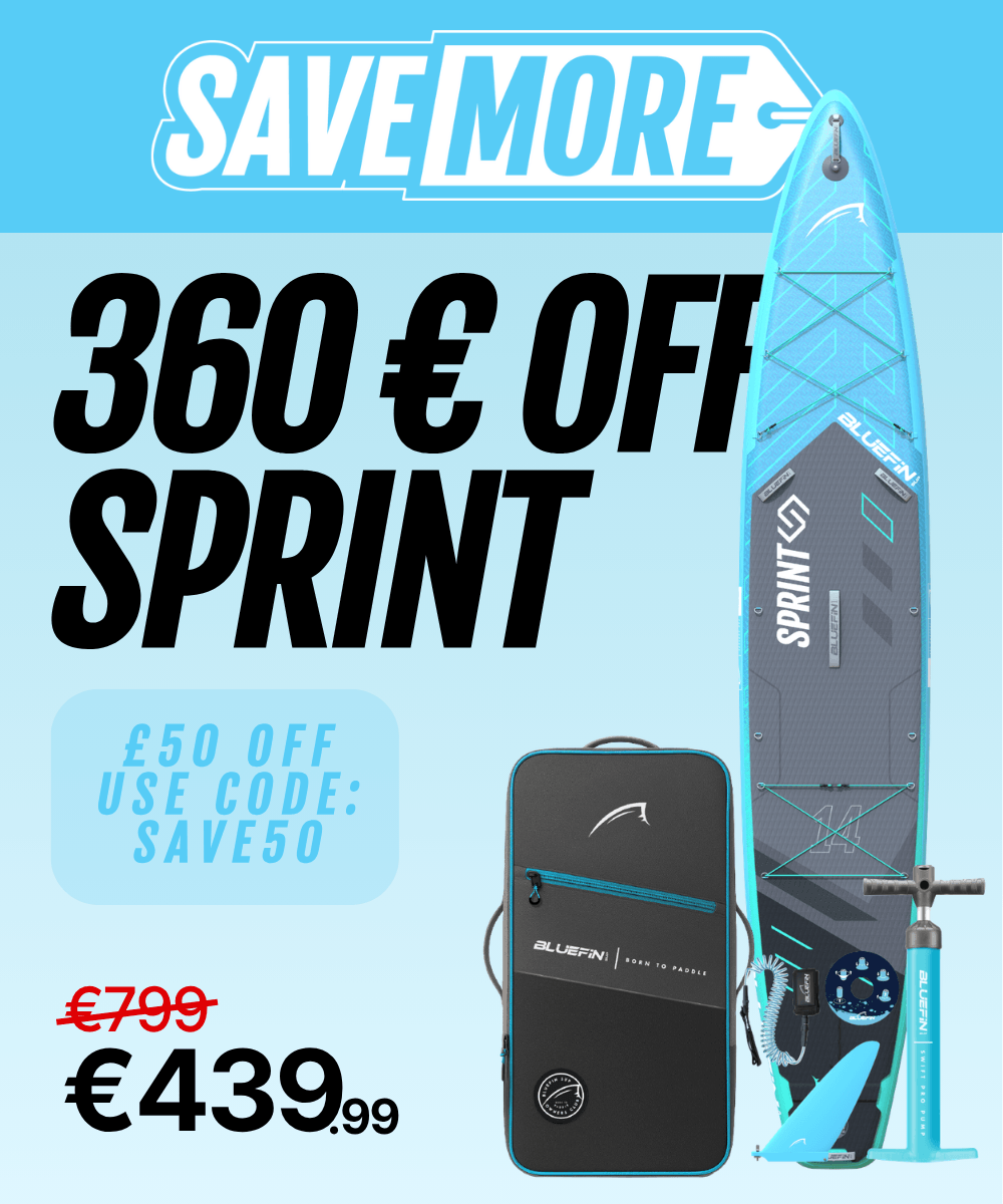 Promotional image featuring a Bluefin SUP board with a backpack and pump. Discounts highlighted in bold text.