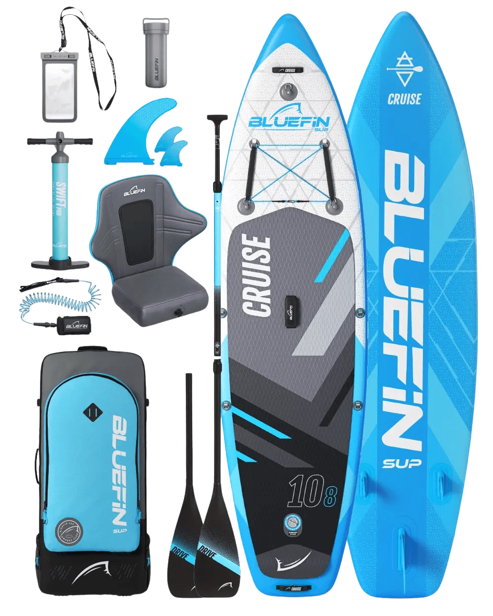 Inflatable paddleboard with blue and gray design, pump, paddles, backpack, and accessories for water sports.