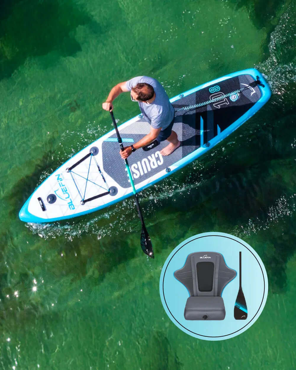 Paddleboarder on a blue inflatable SUP with textured deck, paddling in clear water