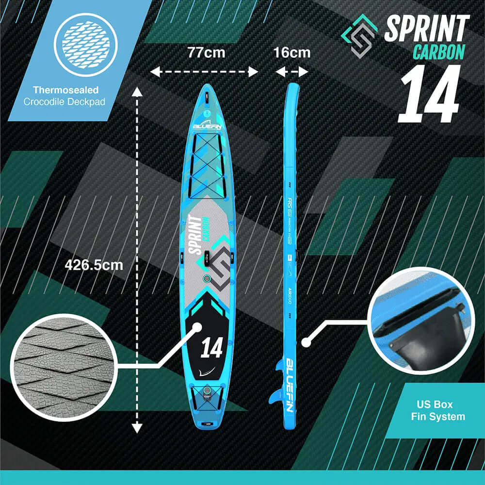 Inflatable paddleboard with a blue and gray design, 426.5cm long, 77cm wide, 16cm thick, US Box fin system