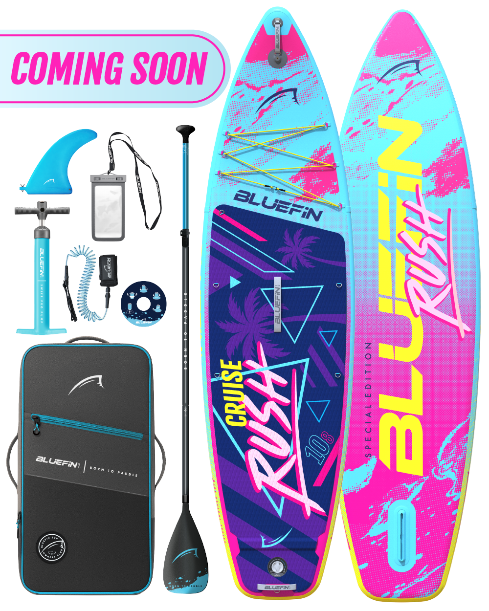 Inflatable paddleboard with colorful design, paddle, fin, pump, and carrying bag for travel.