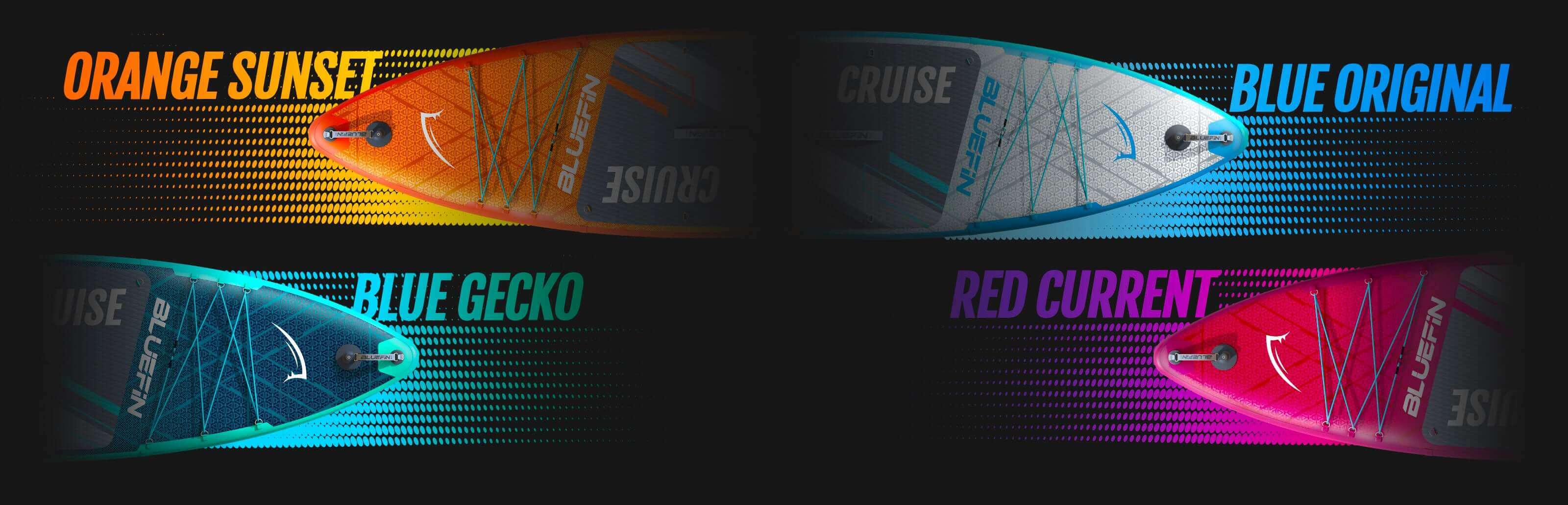 Four inflatable paddleboards in colors: orange sunset, blue original, blue gecko, red current with designs.