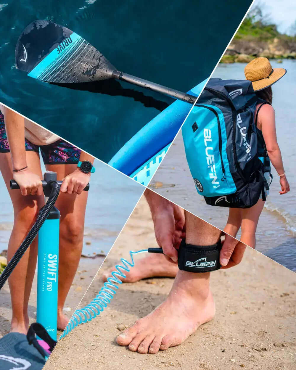 Collage of paddleboard gear: paddle, pump, ankle leash, and backpack by Bluefin on sandy beach.