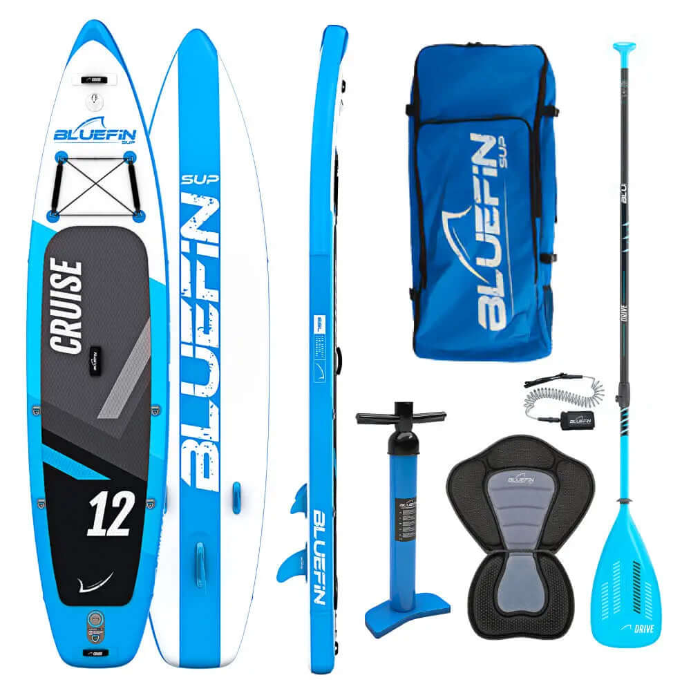 Aufblasbares Paddleboard mit blau-weißem Design, Paddel, Pumpe, Rucksack und Sitz inklusive