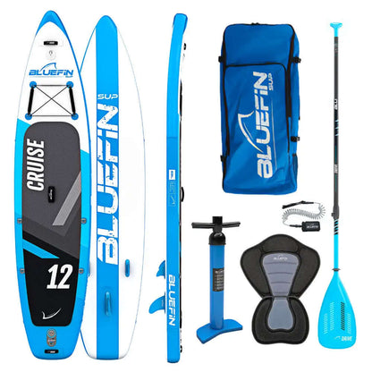 Stand up paddleboard gonfiabile con design blu e bianco, inclusi pagaia, pompa, zaino e sedile