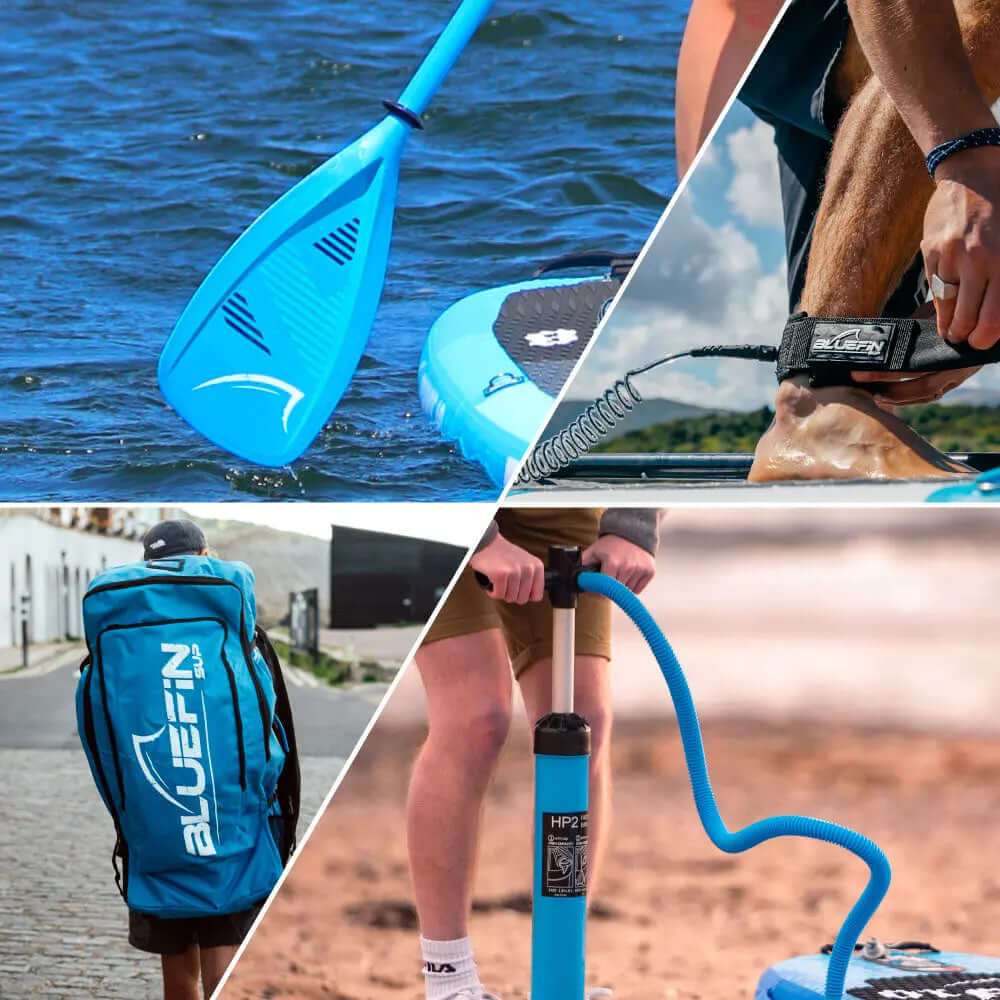 Collage di attrezzatura per paddleboarding: pagaia blu, zaino, leash e pompa su acqua e terra.