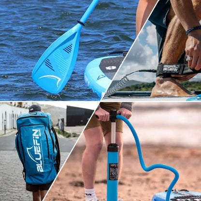 Collage aus einem blauen Paddel, Rucksack, Leash und Pumpe für Paddleboard-Ausrüstung