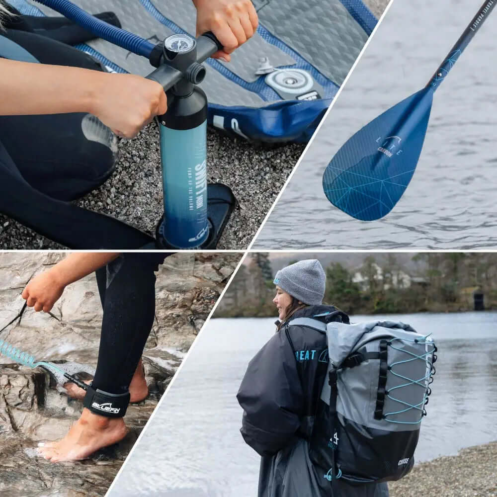 Aufblasbare Paddleboard-Pumpe, Paddel, Neoprenanzug und Rucksack am Wasser mit einer Person in einer Mütze.