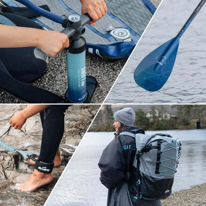 Aufblasbare Paddleboard-Pumpe, Paddel, Neoprenanzug und Rucksack am Wasser mit einer Person in einer Mütze.