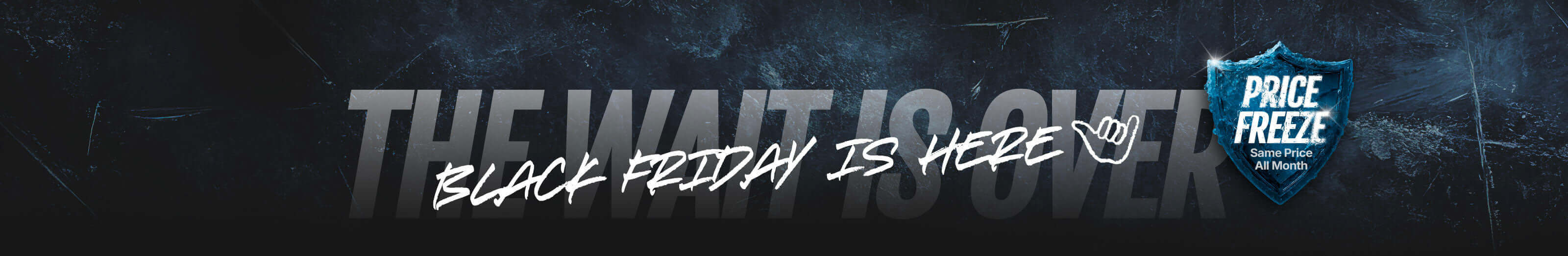 Text graphic announcing Black Friday with phrases 'The Wait is Over' and 'Price Freeze' on dark background