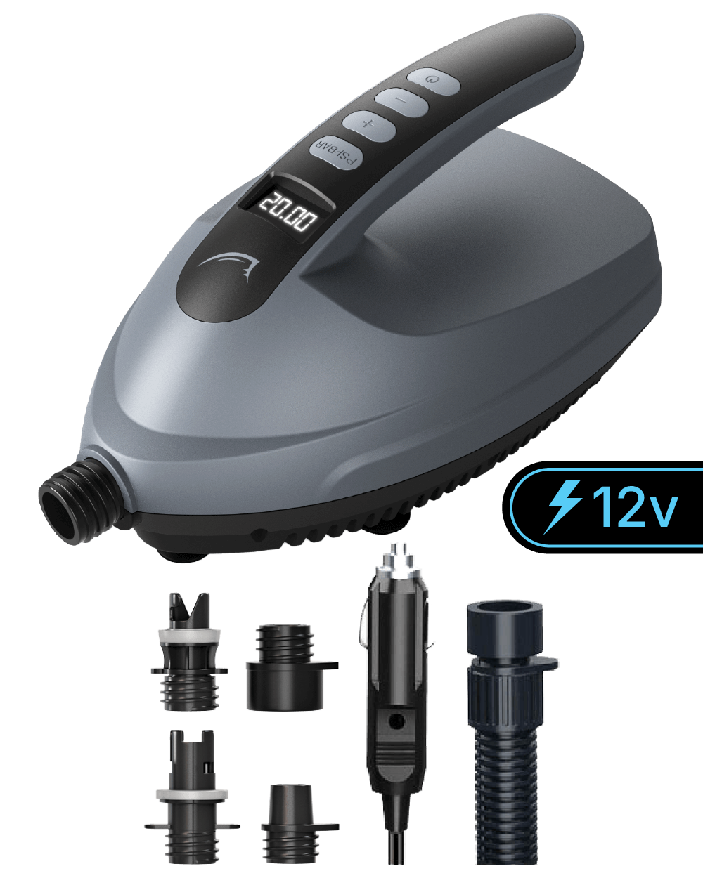 Electric pump with digital display, 12V, and multiple nozzle attachments for inflating items