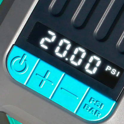 Digitaler Druckmesser zeigt 20,00 PSI an mit Steuerknöpfen in Türkis und Grau.