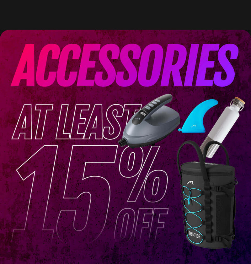 Various SUP accessories including a pump, fin, water bottle, and dry bag with discount text