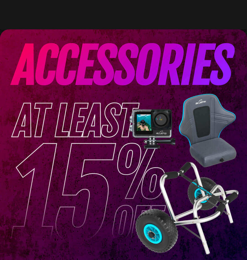 GoPro camera, padded seat, and cart with large wheels on a gradient background with sale text