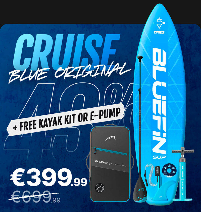 Inflatable paddleboard in blue with paddle, pump, and carry bag, featuring a 49% discount offer