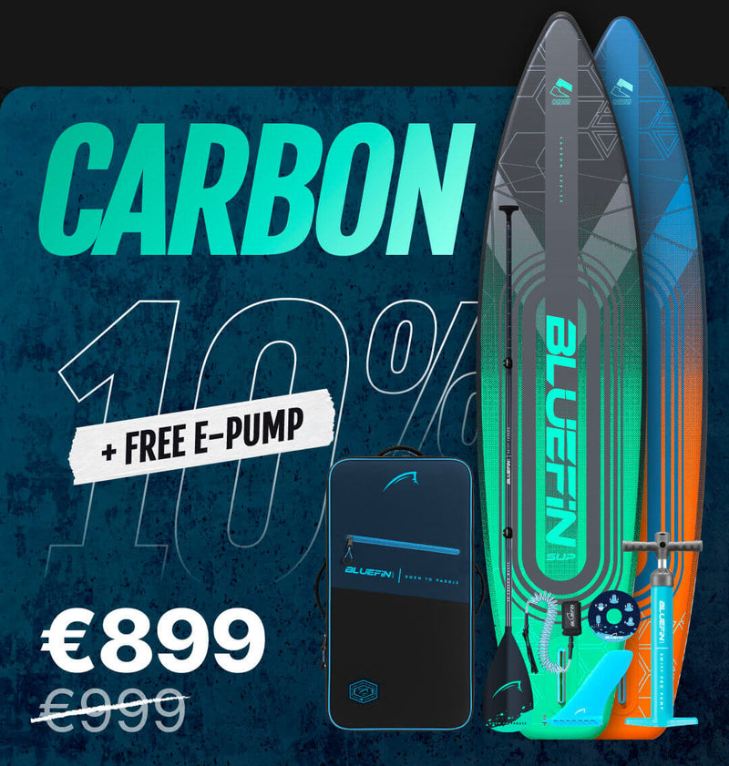 Inflatable paddleboard with vibrant colors, center fin, and included e-pump in a carrying bag