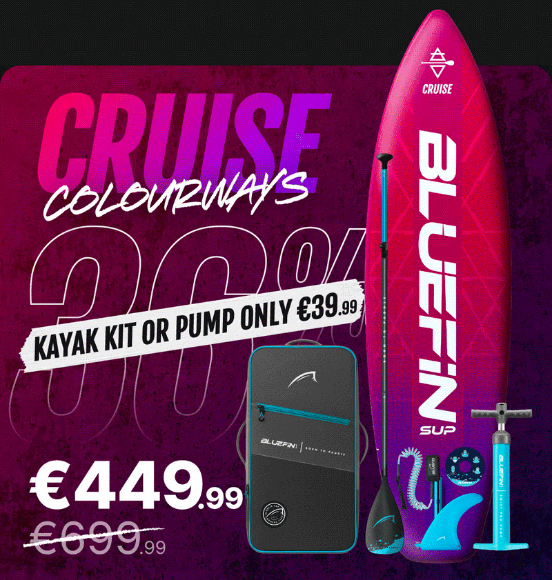 Inflatable paddleboard in pink and blue with paddle, pump, and carrying bag, showing price and discount.