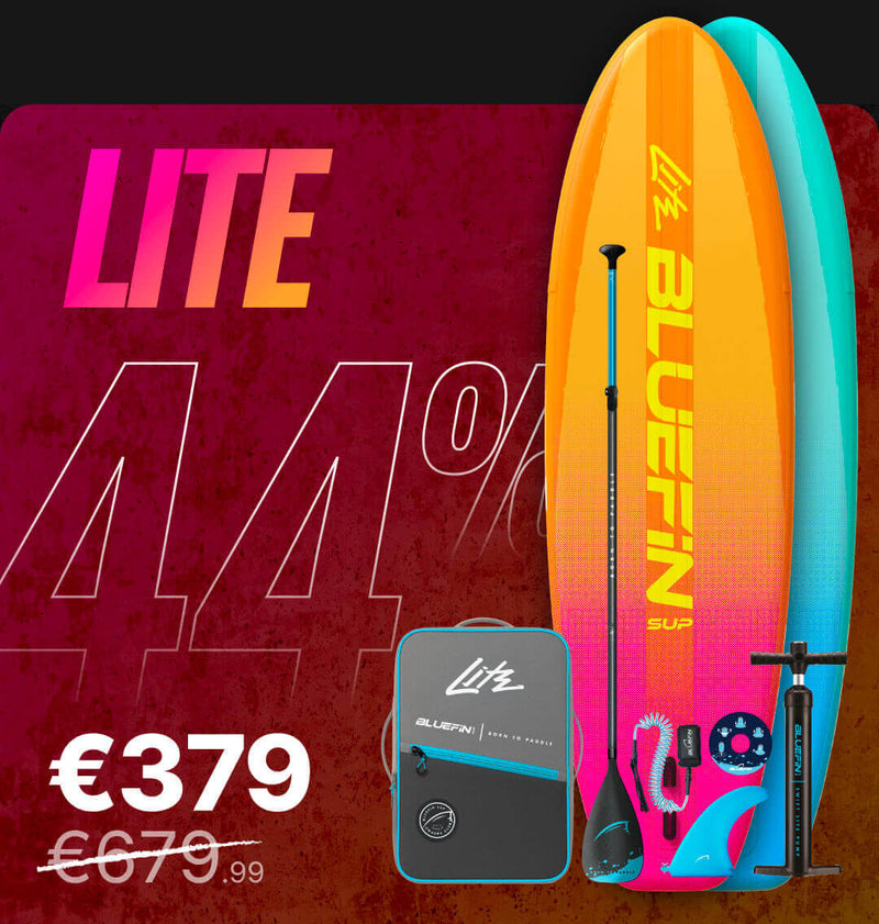 Inflatable paddleboard in orange and turquoise with paddle, pump, and backpack, showing 44% discount.