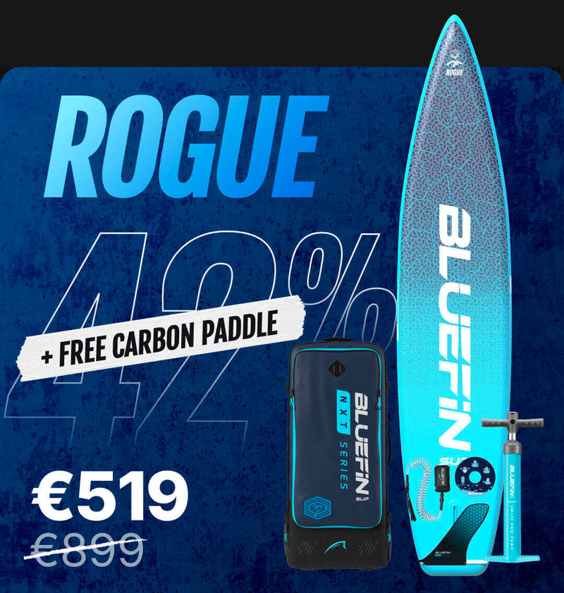 Inflatable paddleboard with blue design, pump, and backpack, showing 42% discount and free carbon paddle offer