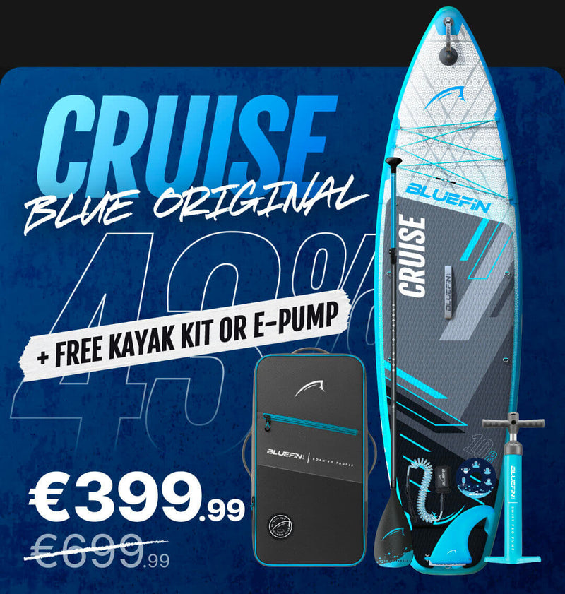 Inflatable paddleboard with blue and black design, pump, and carrying bag, showing 49% discount.