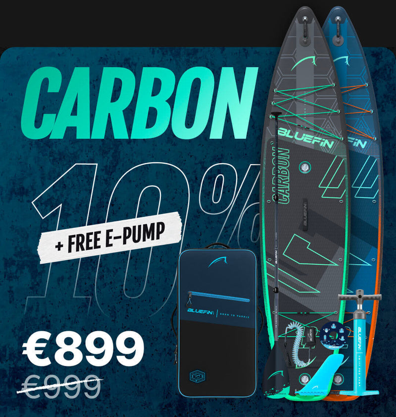 Two inflatable paddleboards with a carry bag and e-pump, featuring a textured deck and fins.