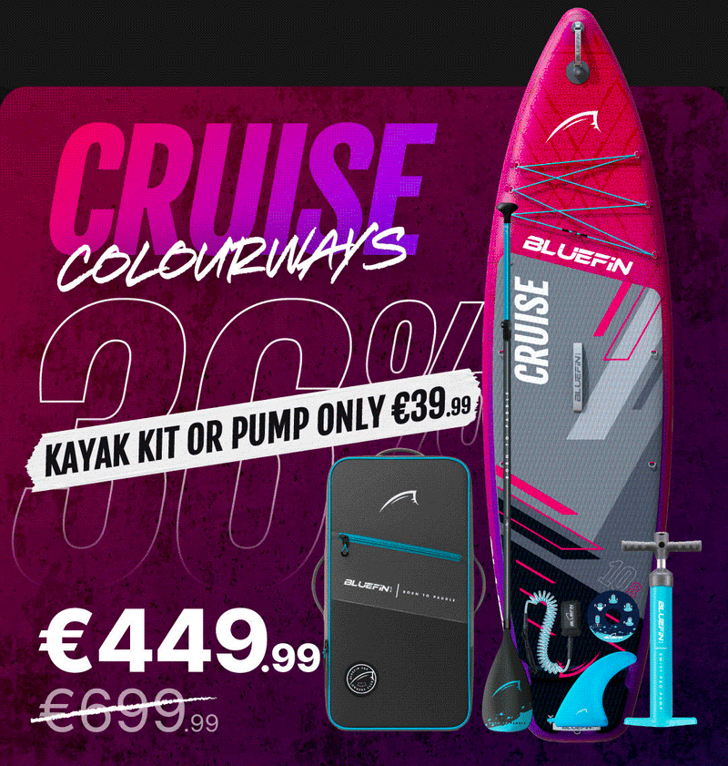 Inflatable paddleboard in pink and gray with center fin, pump, and carrying bag, showing price details