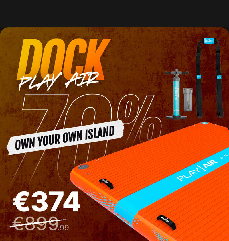 Orange inflatable paddleboard with blue accents, pump, and accessories, showing 70% discount.