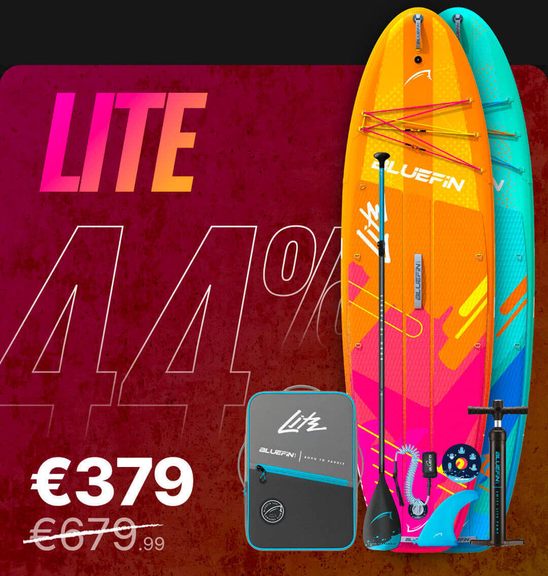 Inflatable paddleboard in orange and teal with paddle, pump, and carrying bag, showing 44% discount.