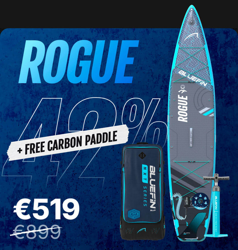 Inflatable paddleboard with blue accents, carrying bag, and pump, showing 42% discount and free paddle offer