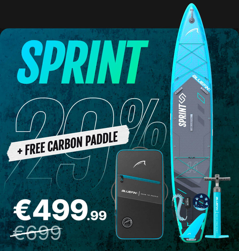 Inflatable paddleboard with blue and gray design, pump, and carrying bag, showing 29% discount.