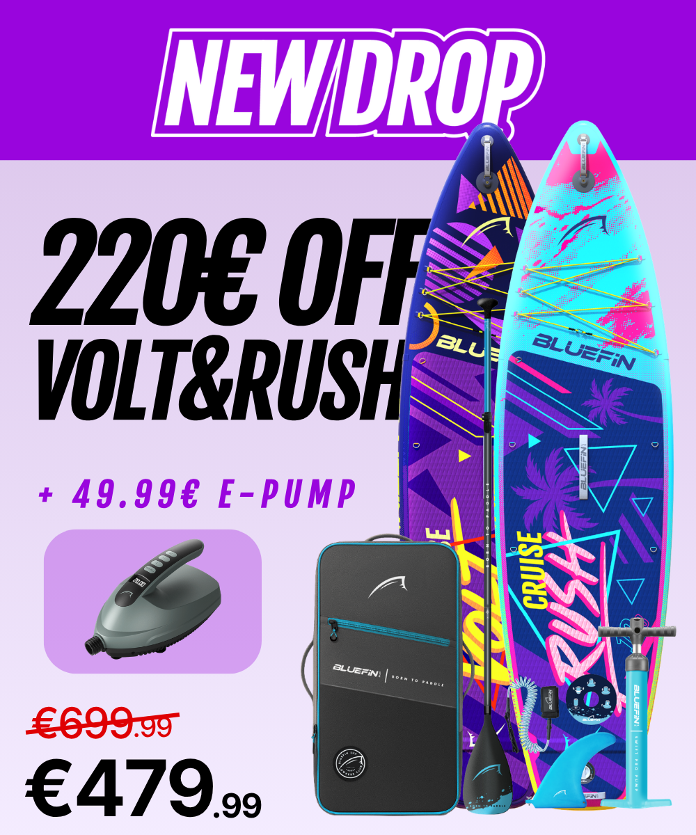 Two inflatable paddleboards with colorful designs, an electric pump, and a carrying bag displayed together.
