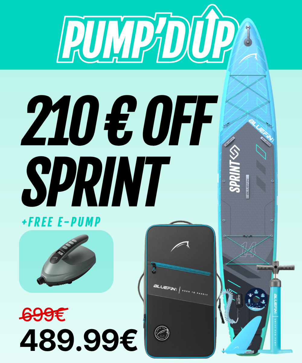 Inflatable paddleboard with blue design, e-pump, and carrying bag, showing price reduction and offer