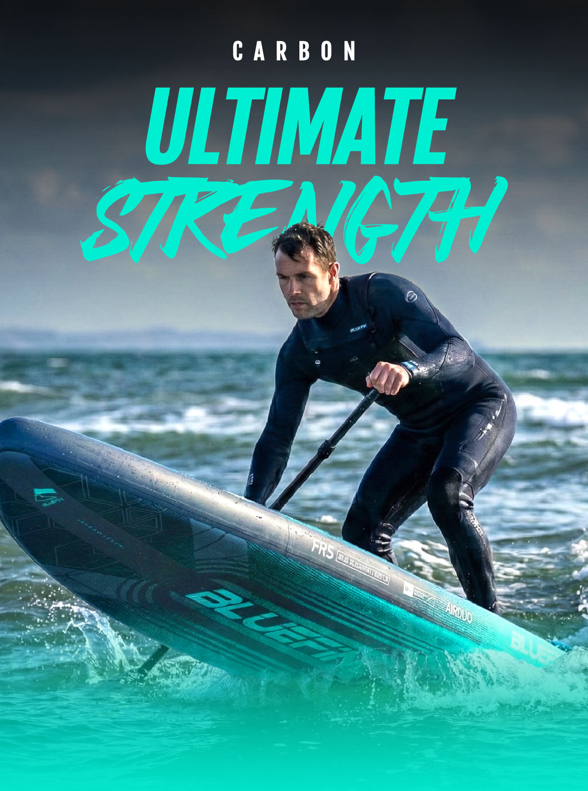 Person in a wetsuit paddling a Bluefin inflatable paddleboard on water with waves.