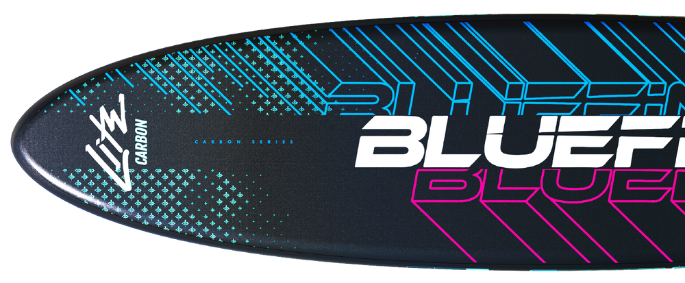 Carbon paddleboard with geometric patterns, blue and pink accents, and large 'BLUEFIN' logo