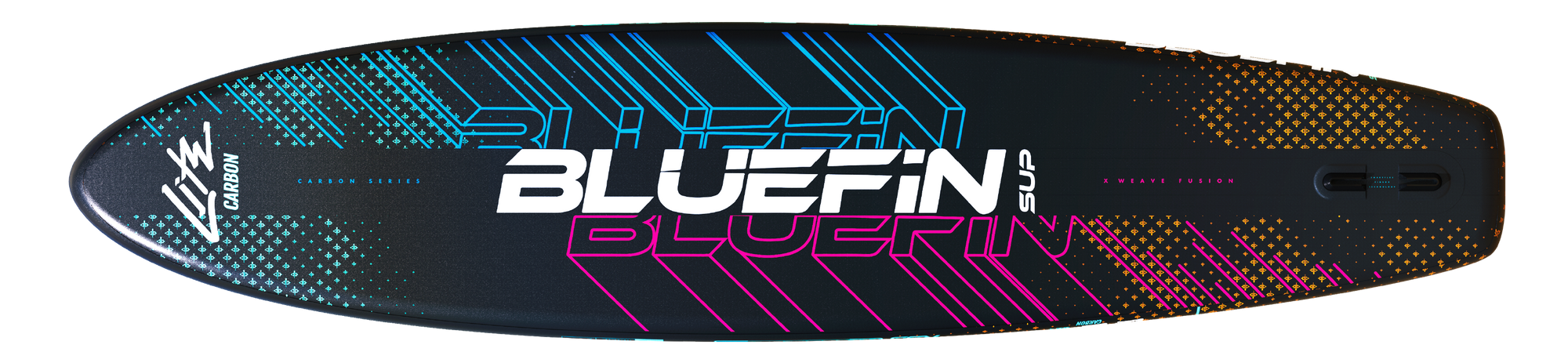 Paddleboard with colorful geometric design, center fin, and inflation valve for water sports.