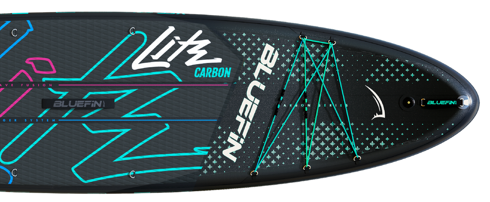 Inflatable paddleboard with colorful graphics, textured deck pad, and bungee cord storage system