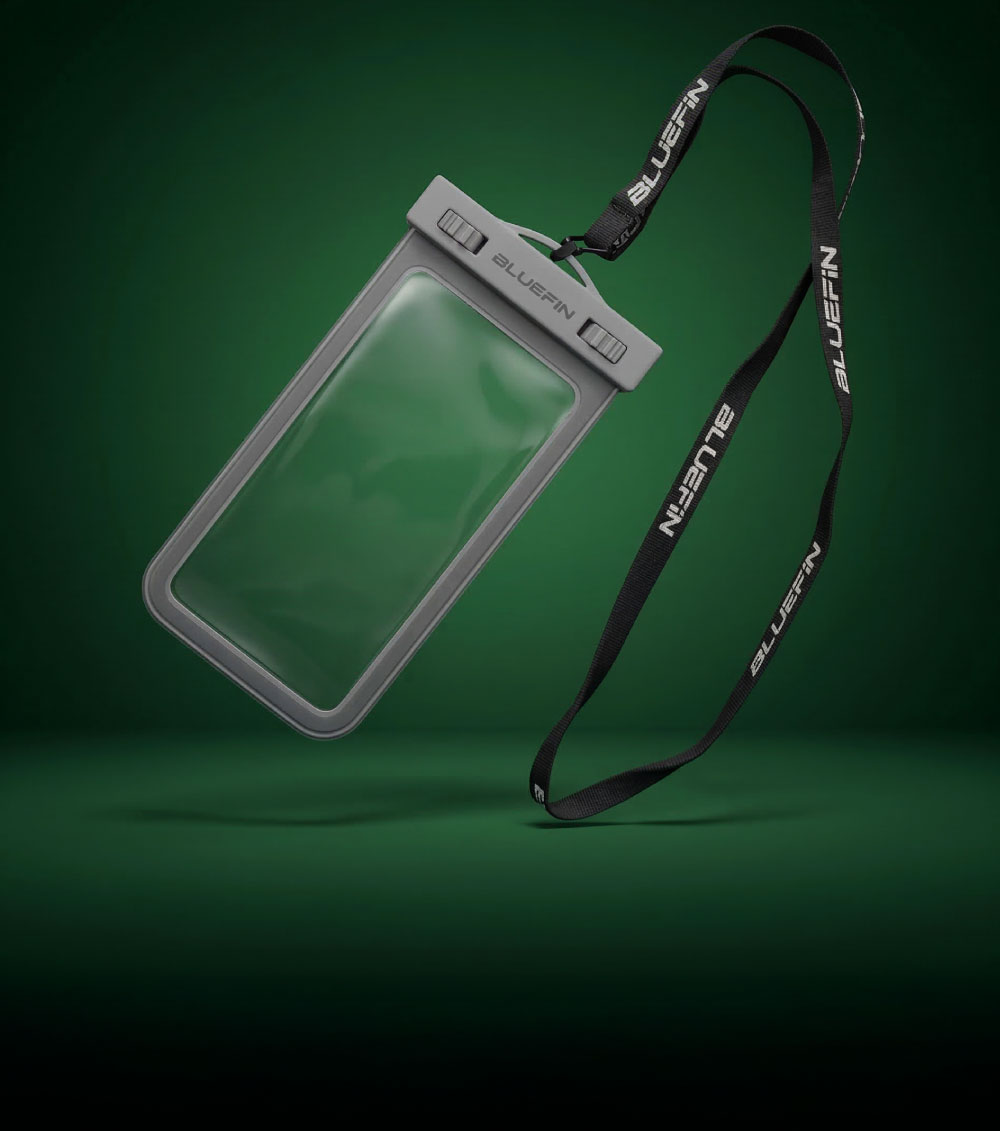 Gray waterproof phone pouch with lanyard, featuring a clear front and secure closure.