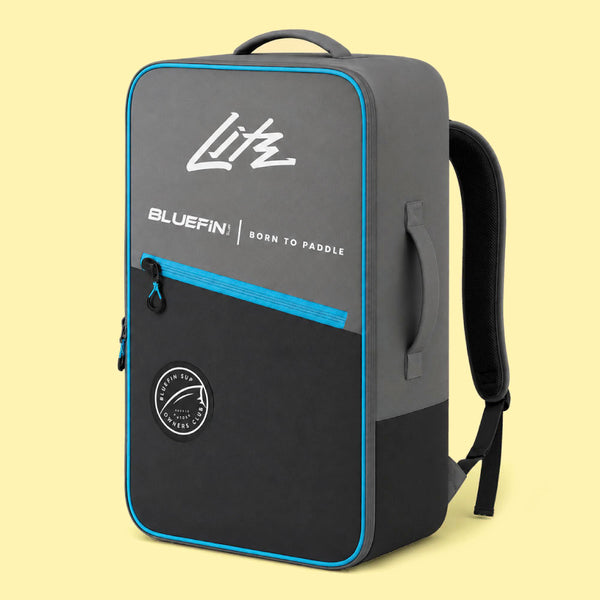 Gray and black backpack with blue accents, featuring zippers and a handle, branded with Bluefin logo.