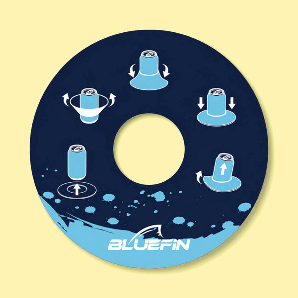 Instructional diagram showing five steps for using a Bluefin product with can illustrations and arrows.