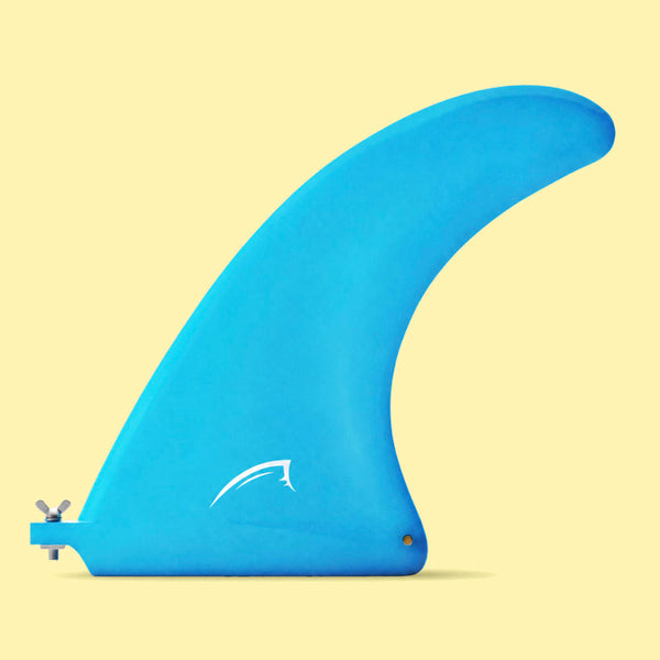 Blue surfboard fin with a sleek design and a small screw attachment on the side