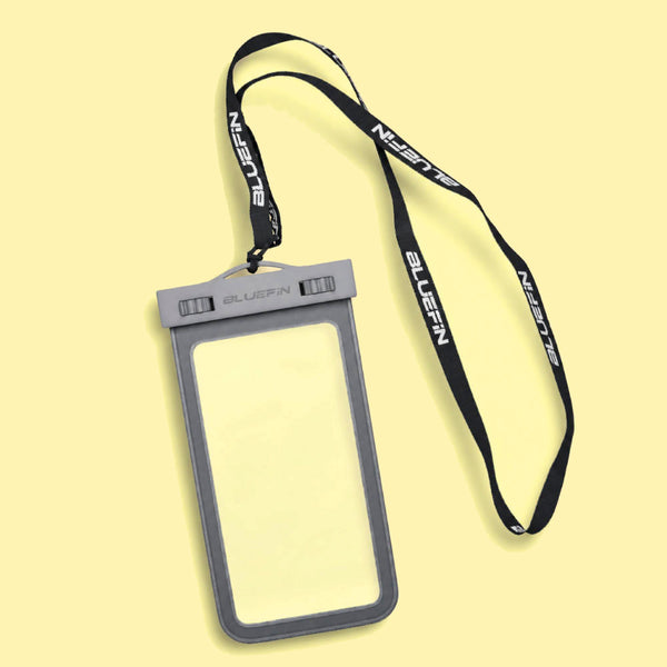Gray waterproof phone pouch with a lanyard, featuring a clear front and adjustable closure.