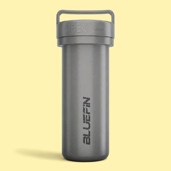 Gray water bottle with a handle and "OPEN" label on the lid, featuring the Bluefin logo.
