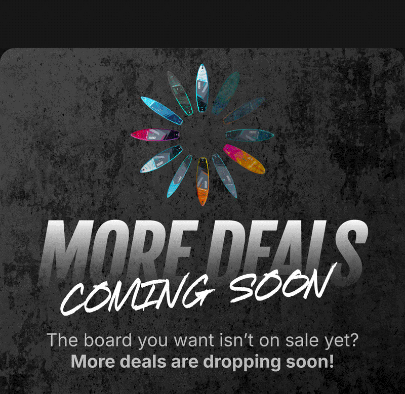 Colorful paddleboards arranged in a circular pattern on a textured gray background with text announcing upcoming deals.