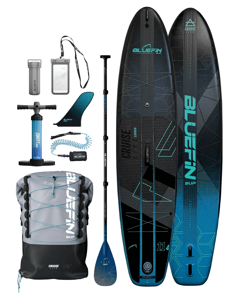 Inflatable paddleboard with accessories including paddle, pump, backpack, and waterproof case.